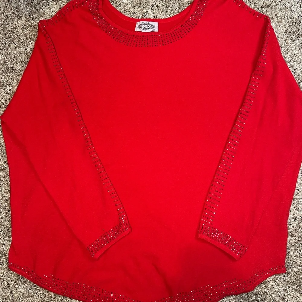 Oliver Holiday Red Sweater Black Sparkle Beads Size 2X Soft And‎ Cozy